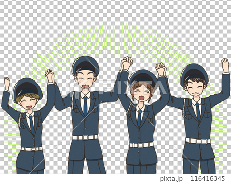 微笑的保安男女手牽手舉起雙手 116416345