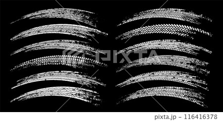 Grunge tire tracks, wheel braking marks. Truck, car or motorcycle tread pattern silhouettes. Auto race, motorsport, speed racing design element. Vector illustration 116416378