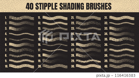 Stipple scatter brush, ink drawing and texturing. Fading gradient. Stippling, dotwork drawing, shading using dots. Halftone disintegration effect. White noise grainy texture. Vector illustration 116416383