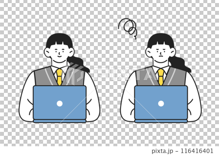 穿著制服的女學生使用筆記型電腦,兩種面部表情,正面和負面,插圖集 穿著制服的女學生使用筆記型電腦,兩種面部表情,正面和負面,插圖集 116416401