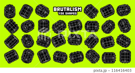 Wireframe lined shapes. Perspective mesh, 3d grid. Modern trendy low poly geometric elements. Retro futuristic design elements, y2k, vaporwave and synthwave style. Vector illustration Wireframe lined shapes. Perspective mesh, 3d grid. Modern trendy low poly geometric elements. Retro futuristic design elements, y2k, vaporwave and synthwave style. Vector illustration 116416403