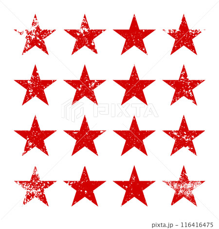 Red vintage stars with cracks and stains. Old hand-drawn sign, black simple shape. Retro design element with distressed effect, grunge texture. Vector illustration 116416475