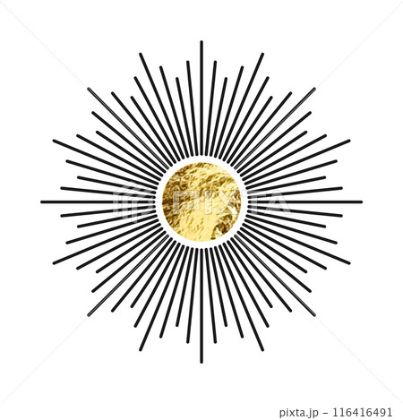 Vintage sunburst, sunset beams. Gold foil, shiny handmade circles. Golden glittering texture, pattern. Hand drawn bursting sun, light rays. Logotype or lettering, retro style. Vector illustration 116416491