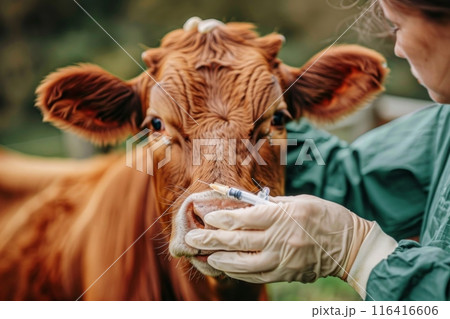 veterinarian on a farm is administering a syringe to a cow, providing necessary medical treatment to ensure the animals health and well-being. veterinarian on a farm is administering a syringe to a cow, providing necessary medical treatment to ensure the animals health and well-being. 116416606