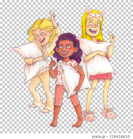Watercolor arrangement with pre-teen girls in pajamas and loungewear with pillows for T-shirt design, pajama day decor or printing. 116416610