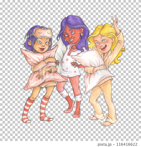 Composition of fictional pre-teen girls in loungewear with pillows, prepared for slumber party. Hand drawn cartoon characters for t-shirts design. 116416622