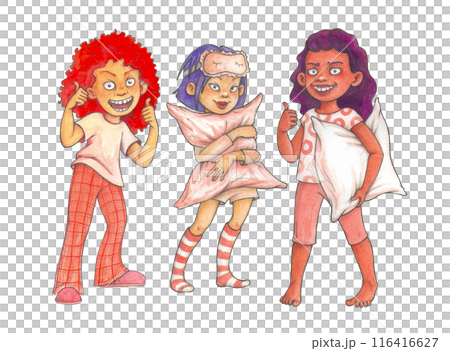 Set of fictional pre-teen girls in loungewear with pillows, prepared for slumber party party. Hand drawn cartoon characters for children's design. Set of fictional pre-teen girls in loungewear with pillows, prepared for slumber party party. Hand drawn cartoon characters for children's design. 116416627