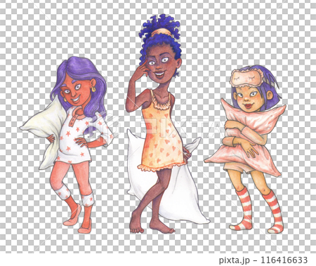 Isolated cartoon characters for pajama party design. School age girls of different nationalities in loungewear with pillows in their hands. 116416633