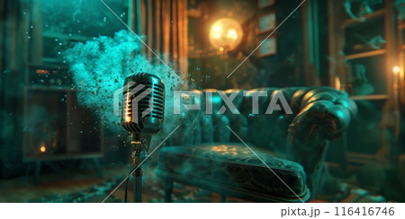 microphone stands poised in front of a cozy couch in a room. The stage is set for a captivating performance. 116416746