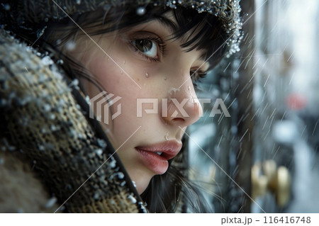 mysterious young woman gazes into the distance, wearing a stylish hat. Her suitcase sits by her side, hinting at her journey ahead. 116416748