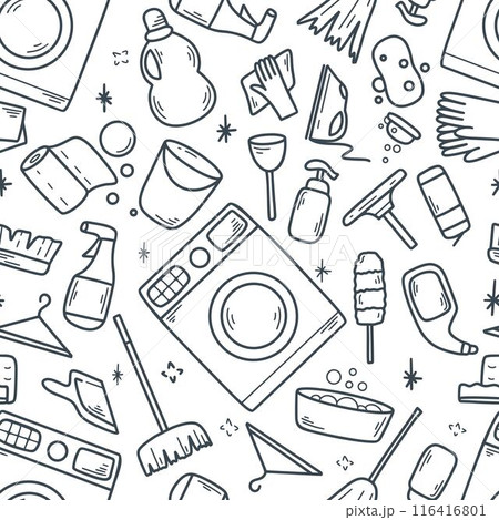 Seamless pattern on the theme of cleaning, doodle sketch style 116416801