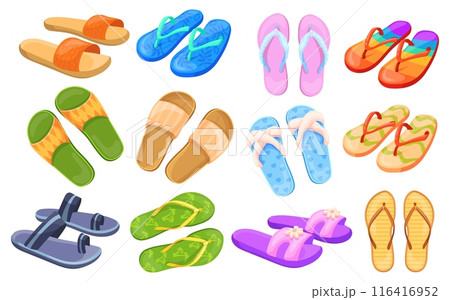 Cartoon colorful flip flops. Flipflop pair, sea shoe clothing summer sand beach slippers trendy sandal rubber footwear flip-flop traveling design flipflops neat illustration Cartoon colorful flip flops. Flipflop pair, sea shoe clothing summer sand beach slippers trendy sandal rubber footwear flip-flop traveling design flipflops neat illustration 116416952
