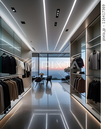 モダンなデザインの男性用衣類を置いたブティックの店内のインテリアの写真　AI生成 116417369