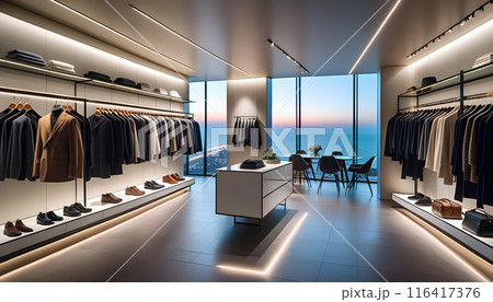 モダンなデザインの男性用衣類を置いたブティックの店内のインテリアの写真 AI生成 モダンなデザインの男性用衣類を置いたブティックの店内のインテリアの写真 AI生成 116417376