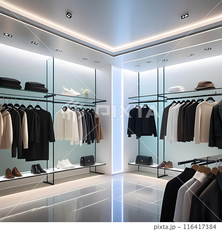 モダンなデザインの男性用衣類を置いたブティックの店内のインテリアの写真 AI生成 モダンなデザインの男性用衣類を置いたブティックの店内のインテリアの写真 AI生成 116417384