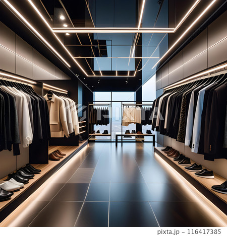 モダンなデザインの男性用衣類を置いたブティックの店内のインテリアの写真 AI生成 モダンなデザインの男性用衣類を置いたブティックの店内のインテリアの写真 AI生成 116417385