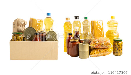 Foodstuff for donation, storage and delivery. Various food, pasta, cooking oil and canned food in cardboard box. Foodstuff for donation, storage and delivery. Various food, pasta, cooking oil and canned food in cardboard box. 116417505