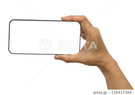 Asian woman holding mobile smartphone in hand for communication isolated on white background with clipping path. 116417564