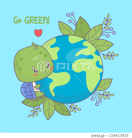 Ecology card. Go green. Cute cartoon turtle character with planet Earth. Concept, green life, conservation and protection of respect for nature and wild animals. Vector illustration 116417615
