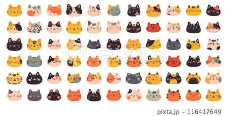 Flat cat face icon set. Cute kawaii different colors kittens heads, kitty baby character vector illustration Flat cat face icon set. Cute kawaii different colors kittens heads, kitty baby character vector illustration 116417649