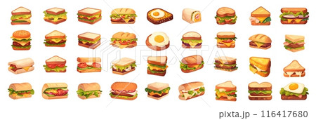 Cartoon sandwich set. Delicious sandwiches fast food meal, bread snack with cheese lettuce meat bacon vegetables vector illustration 116417680