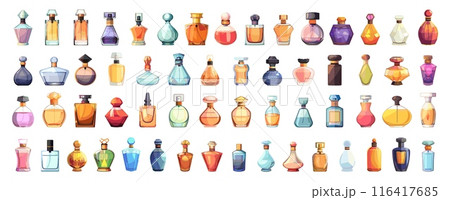 Cartoon perfume bottles set. Beauty product aroma cosmetics scented water in glass vials vector illustration 116417685