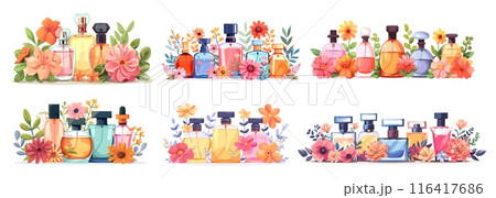 Cartoon perfume and flowers composition set. Cosmetics scented water in glass bottles and vials, aroma product vector illustration 116417686