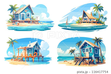 Cartoon bungalow on tropical beach set. Exotic island landscape, summer vacation hut with palm trees vector illustration Cartoon bungalow on tropical beach set. Exotic island landscape, summer vacation hut with palm trees vector illustration 116417754
