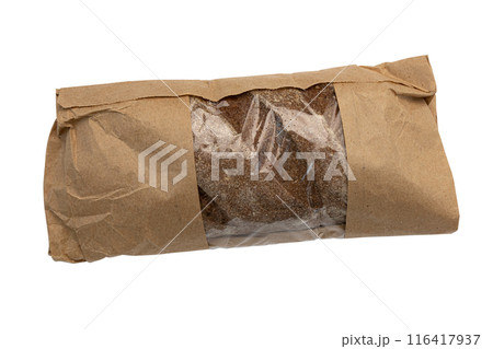 fresh rye bread in paper package isolated on white background, top view fresh rye bread in paper package isolated on white background, top view 116417937