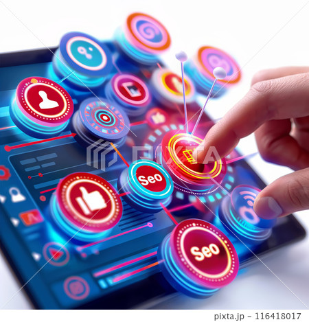 Hand Touching Digital Screen with SEO Hand Touching Digital Screen with SEO 116418017