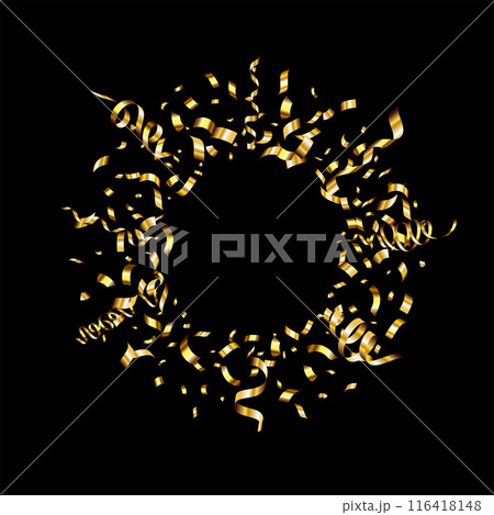 Golden serpentine ribbons frame. Confetti round banner. Luxury decoration 116418148