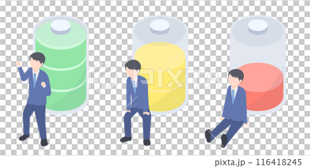 Isometric illustration set of cheerful and tired businessmen Isometric illustration set of cheerful and tired businessmen 116418245