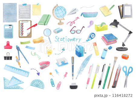 文房具イラストセット　手描き水彩風 116418272