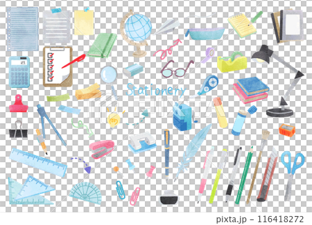文房具イラストセット　手描き水彩風 116418272