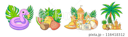 Set of summer beach vector illustrations, composition from seasonal elements and accessories for summertime rest. Flamingo swimming ring, tropical fruit, sand castle, palm tree, sunscreen, camera Set of summer beach vector illustrations, composition from seasonal elements and accessories for summertime rest. Flamingo swimming ring, tropical fruit, sand castle, palm tree, sunscreen, camera 116418312