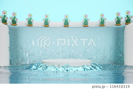 Podium empty with flower pot, waterfall background. cosmetic display product stage, 3d illustration render 116418319