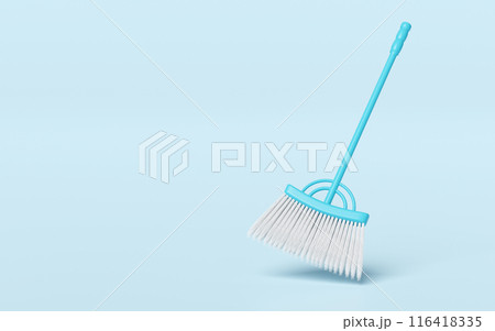 3d cleaning broom long isolated on blue background. cleaning tool equipment, 3d illustration render 116418335