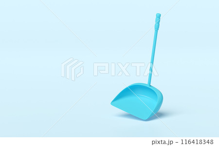 3d cleaning dustpan long isolated on blue background. cleaning tool equipment, 3d illustration render 116418348