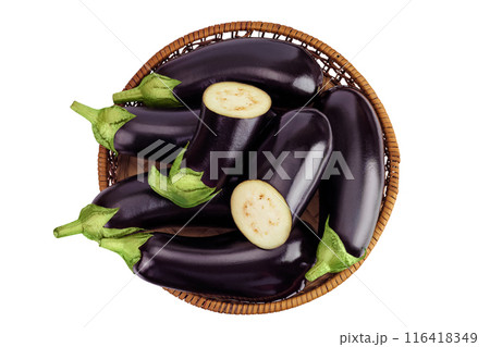 eggplant in a wicker basket isolated on white background with full depth of field. Top view. Flat lay 116418349