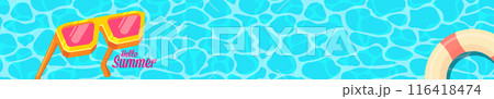 Super Hello summer logo wide banner with retro yellow sunglasses isolated on blue water wide background. Hello summer wide design template with cartoon sunglasses, beach, water pool , summer vibe 116418474