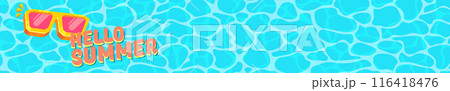 Super Hello summer logo wide banner with retro yellow sunglasses isolated on blue water wide background. Hello summer wide design template with cartoon sunglasses, beach, water pool , summer vibe 116418476