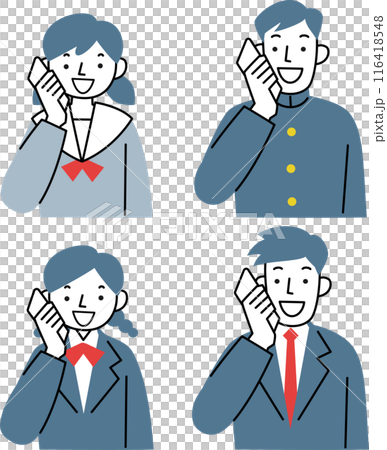 Male and female students in uniform talking on smartphones Male and female students in uniform talking on smartphones 116418548