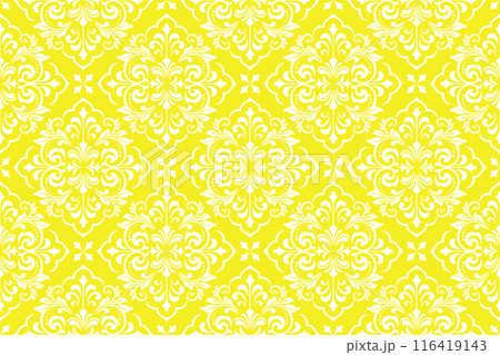 Wallpaper in the style of Baroque. Seamless vector background. White and yellow floral ornament. Graphic pattern for fabric, wallpaper, packaging. Ornate Damask flower ornament Wallpaper in the style of Baroque. Seamless vector background. White and yellow floral ornament. Graphic pattern for fabric, wallpaper, packaging. Ornate Damask flower ornament 116419143