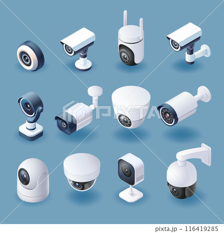 CCTV and security camera isometric color icon set 116419285
