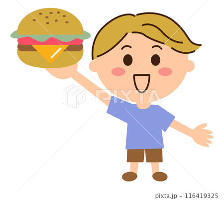 ハンバーガーを持って上げる金髪の男子 116419325
