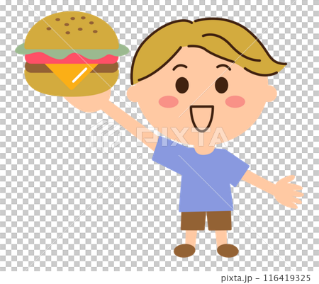 ハンバーガーを持って上げる金髪の男子 116419325