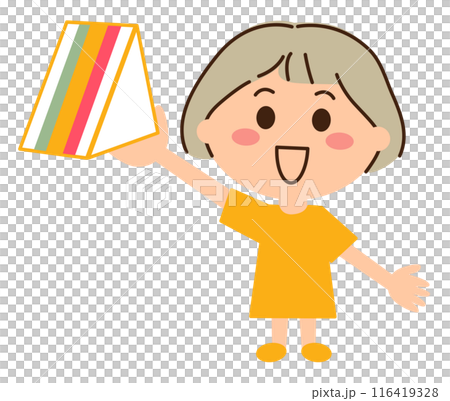 サンドイッチを持って上げる灰色の髪の女子 サンドイッチを持って上げる灰色の髪の女子 116419328