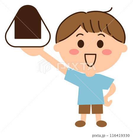 おにぎりを持って上げる男子 116419330