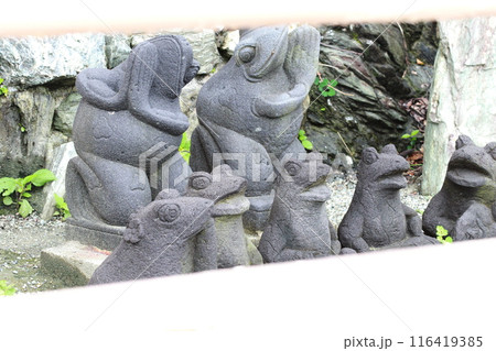 二見輿玉神社にある蛙の石像の群れ 116419385