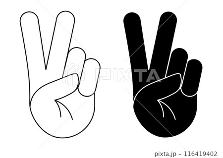 Black and white Peace hand symbol or Victory sign gesture isolated on a transparent background. Day of Peace. Vector illustration Black and white Peace hand symbol or Victory sign gesture isolated on a transparent background. Day of Peace. Vector illustration 116419402